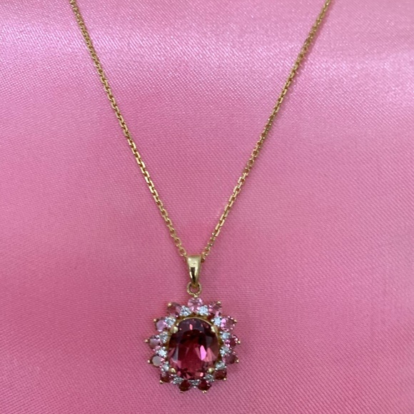 Pink Tourmaline & Diamond 14K YG SUNBURST Pendant w/ 18” Chain - Picture 3 of 10